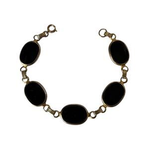 Vintage 1960s Jet Black Glass Oval Link Scarab Style Bracelet